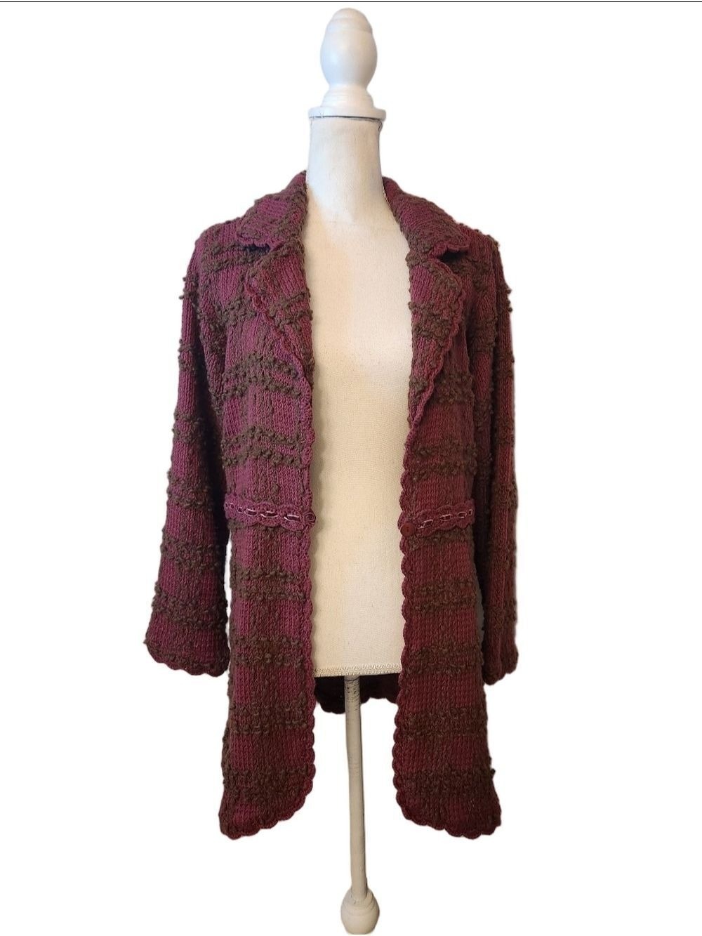 Vintage-Style Longline Knit Duster Cardigan - Plum & Brown Textured Empire Waist - Picture 14 of 15